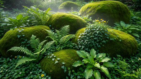 Large boulders completely covered in thick green moss sit nestled among ferns and other lush vegetation in a serene garden. The soft light and mist create a tranquil, zen-like atmosphere in this dense natural landscape.の素材
