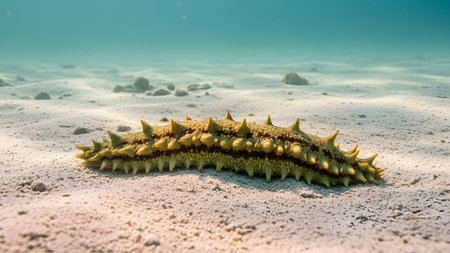 A prickly sea cucumber rests on the sandy ocean floor in clear, shallow turquoise water. The sunlight creates caustic patterns on the sand surrounding the echinoderm.の素材