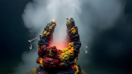 An active underwater hydrothermal vent releases plumes of hot fluids from a colorful mineral chimney. This deep-sea geological formation showcases the extreme and mysterious environment of the ocean floor.の素材