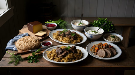 A traditional Norwegian feast featuring Farikal, a mutton and cabbage stew, served with boiled potatoes, flatbread, and lingonberries. The hearty meal is arranged on a rustic wooden table, representing warm Scandinavian hospitality and cultural heritage.の素材