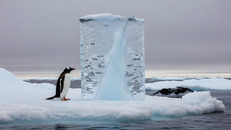A Gentoo penguin stands on a snowy surface next to a large, rectangular block of clear blue ice featuring a distinct cracked pattern. The scene captures the stark and freezing beauty of the polar environment under an overcast sky.の素材