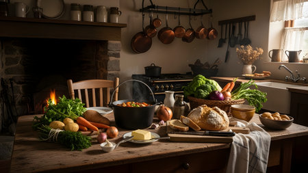 A steaming pot of stew sits on a rustic wooden table surrounded by fresh vegetables and bread in a cozy kitchen. A warm fireplace glows in the background, creating a comforting and traditional home cooking atmosphere.の素材