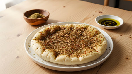 A freshly baked Manakish flatbread topped with Za'atar spice blend sits on a white plate on a wooden table. A small bowl of olive oil and a bowl of extra spices are visible in the background.の素材