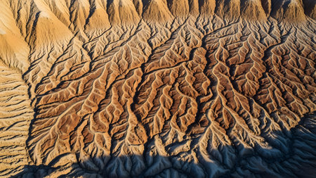 An aerial view captures the intricate textures and patterns of an eroded desert landscape, resembling the veins of a leaf or a river system. The dry, badlands terrain features shades of orange, brown, and beige, highlighting geological formation.の素材