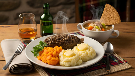A traditional Scottish meal of haggis, neeps, and tatties is served on a white plate with a side of whisky. The dish includes steaming haggis, mashed turnips, and potatoes, accompanied by a bowl of soup, celebrating Burns Night cuisine.の素材