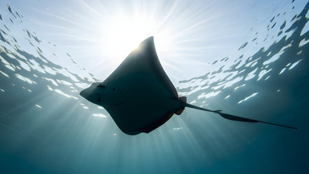 A majestic stingray glides effortlessly through deep blue ocean waters, silhouetted against the bright sun rays filtering from the surface. The low-angle shot captures the graceful movement of the marine creature in its natural habitat, emphasizing the clarity and beauty of the underwater world.の素材