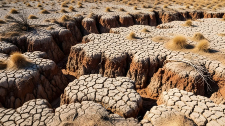A desolate landscape features deeply cracked, dry earth with scattered tufts of withered grass. The arid soil texture and erosion patterns vividly depict the severe effects of drought and lack of water.の素材