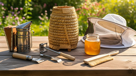 A rustic wooden table displays essential beekeeping equipment, including a traditional straw skep hive, a metal smoker, and hive tools. A glass jar filled with golden honey and a protective bee veil complete the scene, set against a sunny garden background.の素材
