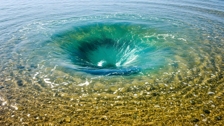 A powerful water whirlpool spiraling in turquoise ocean water, surrounded by a pebbled seabed. The deep central vortex contrasts with the clear, foamy surface water, creating a mesmerizing natural phenomenon.の素材