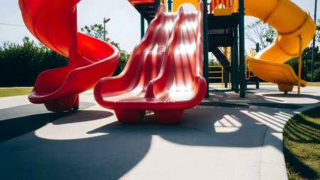 Bright red and yellow plastic slides stand out in a sunny outdoor playground. The play structure features curved chutes and climbing steps, casting shadows on the safety surface, inviting children for active recreation.の素材