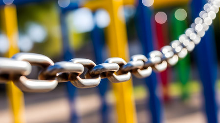A close-up of a sturdy metal chain stretching across the frame against a colorful, blurred background. The image focuses on the connected steel links, symbolizing strength, connection, or restriction in an outdoor setting.の素材