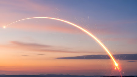 A spectacular long-exposure shot of a rocket launch or projectile leaving a bright, arcing trail of sparks across a twilight sky. The fiery trajectory contrasts with the soft pink and blue hues of the sunset, symbolizing exploration and technology.の素材