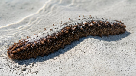 A detailed close-up shot of a sea cucumber resting on pristine white sand in clear, shallow water. The marine invertebrate displays a textured, dark body with distinct bumps, contrasting against the bright, sandy ocean floor in a natural aquatic environment.の素材