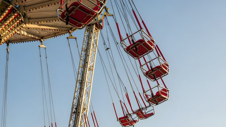 Empty red seats of a chain swing ride hang suspended against a clear blue sky at an amusement park. The low-angle perspective highlights the towering structure and the anticipation of fun and thrill associated with fairground attractions.の素材