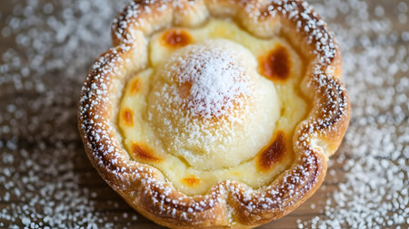 A close-up, overhead shot of a golden-baked custard tart, dusted with powdered sugar. The flaky pastry crust holds a creamy yellow filling, presenting a delicious and sweet treat suitable for dessert or a snack.の素材