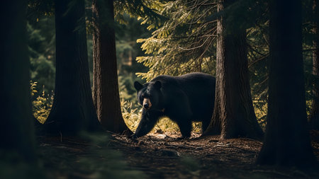 A majestic black bear walking through a dense pine forest with sunlight filtering through the trees. The wild animal is captured in its natural habitat, representing wilderness and North American wildlife.の素材