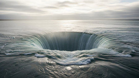 A massive, perfectly circular sinkhole or blue hole opens up in the middle of a calm ocean, with water cascading into the deep abyss. The surreal and awe-inspiring natural phenomenon is bathed in soft sunlight, highlighting the texture of the rushing water and the sheer scale of the void.の素材