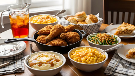A hearty family dinner table is set with a skillet of crispy golden fried chicken, accompanied by bowls of mashed potatoes, macaroni and cheese, green beans, biscuits, and apple pie. The warm, inviting spread represents a classic and comforting Southern-style meal ready for a feast.の素材