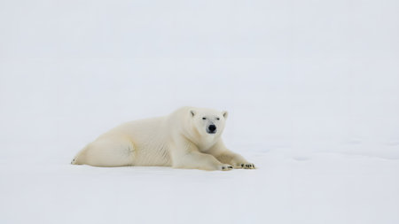 A large polar bear rests comfortably on a vast expanse of white snow in the Arctic. The minimalist composition emphasizes the bear's creamy white fur against the stark, frozen environment.の素材