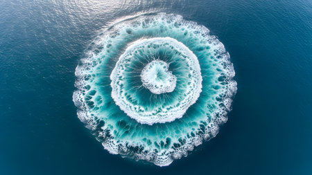 An aerial top-down view of a boat creating a mesmerizing circular wake pattern on the deep blue sea. The foaming white waves contrast with the calm water, forming a concentric design that signifies motion and marine activity.の素材