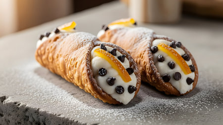 Two traditional Sicilian Cannoli pastries filled with sweet ricotta cream and topped with chocolate chips and candied orange peel. The dessert shells are dusted with powdered sugar and arranged on a stone surface.の素材