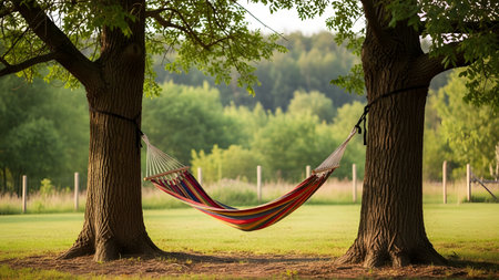 A colorful striped hammock hangs invitingly between two large trees in a lush, green park. The scene depicts a perfect spot for relaxation and leisure, surrounded by nature with soft sunlight filtering through the leaves on a peaceful day.の素材