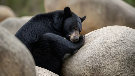 A large black bear rests peacefully, curled up on a smooth granite rock in a natural wilderness setting. The detailed close-up captures the texture of its black fur and the serene moment of wildlife repose.の素材