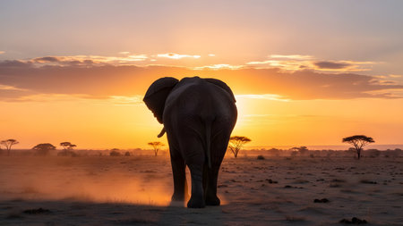 A majestic African elephant walks away from the camera into a vibrant golden sunset on the open savannah. The backlight emphasizes the animal's silhouette and wrinkled texture against the warm, dusty landscape and acacia trees.の素材