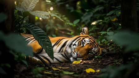 A magnificent tiger lies resting on the jungle floor, surrounded by lush green foliage. The predator's intense gaze and beautiful orange and black stripes are highlighted in the dappled forest light.の素材