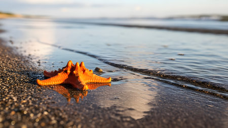 A vibrant orange starfish rests on the wet sand at the water's edge during a golden sunset. The low-angle shot captures the texture of the sea star and the gentle waves of the ocean background.の素材