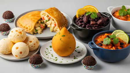 A feast of traditional Brazilian foods, including Coxinha, cheese bread (Pao de Queijo), Empada, and bowls of Feijoada with sides. The variety of savory snacks and stews represents the richness of Brazilian cuisine.の素材
