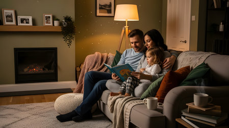 A happy family of three sits on a sofa in a cozy living room, reading a storybook together. Warm lighting from a floor lamp and a fireplace creates a comfortable and bonding atmosphere at home.の素材