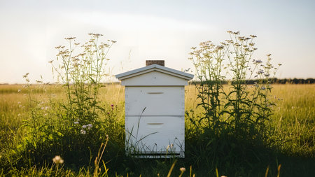 A white wooden beehive box stands in the center of a grassy field surrounded by tall wildflowers and plants. The warm sunlight bathes the apiary scene highlighting the connection between nature agriculture and honey production.の素材