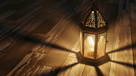A decorative lantern with intricate cutout patterns sits on a wooden floor, casting dramatic geometric shadows. The warm glow from within creates a cozy, spiritual, or festive ambiance.の素材