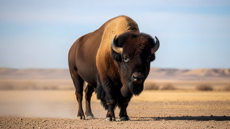 A massive American bison stands facing the camera on a dry, dusty plain. The rugged landscape and the animal's thick dark fur emphasize the wild beauty of the American West.の素材