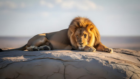 A majestic male lion with a full mane rests atop a large rock in the savannah sunlight. The king of the jungle appears calm and regal against the blurred landscape background.の素材
