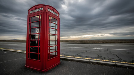 An iconic red British telephone booth stands isolated on the side of a paved road beneath a dramatic cloudy sky. The scene evokes a sense of nostalgia and solitude against a vast landscape.の素材