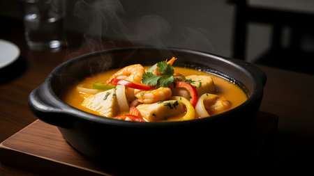 A steaming bowl of rich seafood stew containing fish shrimp and colorful peppers sits on a wooden board. The hot soup emits steam against a dark background highlighting the fresh ingredients and appetizing presentation.の素材