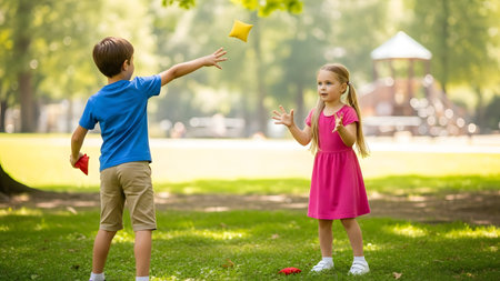 A young boy throws a yellow bean bag while a girl waits to catch it during a game in a sunny park. Lush green trees and a playground structure are visible in the bright, cheerful background.の素材