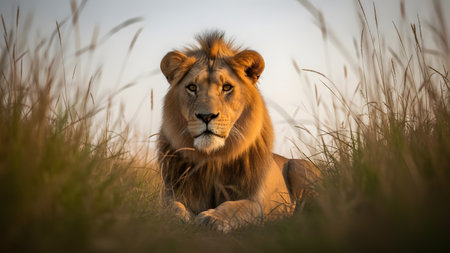 A majestic portrait of a male lion lying in tall savanna grass during the golden hour. The soft sunset light illuminates its impressive mane and calm expression, capturing the essence of the African wilderness.の素材