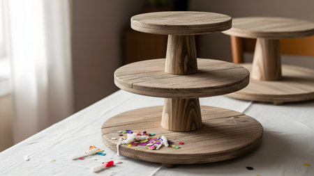 A rustic three-tiered wooden cake stand sits on a white tablecloth, accompanied by scattered colorful confetti and party poppers. The image suggests preparation for a birthday party or festive celebration.の素材