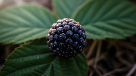 A close-up macro shot of a ripe, dark blackberry resting on a textured green leaf. The soft natural lighting highlights the glistening surface of the berry and the veins of the foliage.の素材