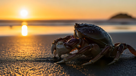 A close-up view of a crab on a dark sandy beach with the sun setting on the ocean horizon in the background. The golden light backlights the crustacean, highlighting its shell and the wet sand texture.の素材