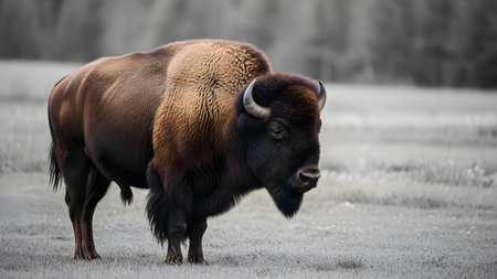A majestic American bison stands in profile in a grassy field, showcasing its thick brown fur and curved horns. The background is desaturated to highlight the powerful presence and rugged beauty of the wild animal.の素材