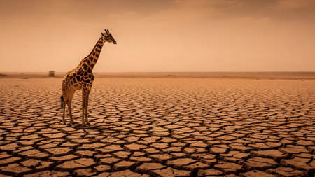 A lone giraffe stands on dry, cracked earth in a desolate landscape under a hazy orange sky. The powerful image depicts the severity of drought and its impact on African wildlife.の素材