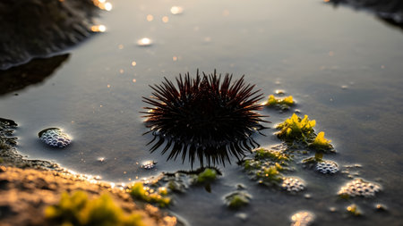 A spiky sea urchin sits in a shallow tide pool surrounded by water bubbles and seaweed. The golden light of sunset reflects on the water's surface, highlighting the creature's silhouette.の素材