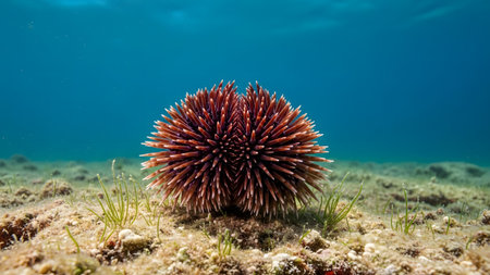 A vibrant red slate pencil sea urchin rests on the sandy ocean floor, surrounded by sparse sea grass. The underwater scene captures the unique texture of the marine creature's spines in its natural habitat.の素材