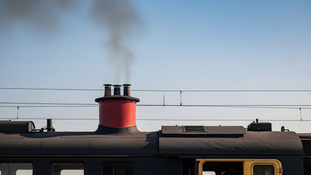 A close-up of a vintage steam train locomotive chimney emitting black smoke into a clear blue sky. The classic black and red engine details evoke a sense of industrial history and nostalgic travel.の素材