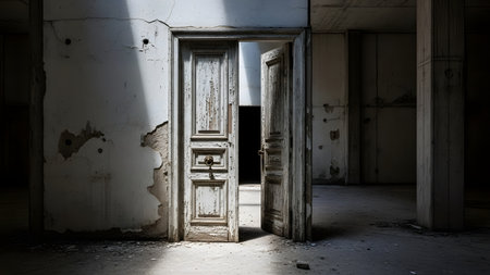 An old, weathered wooden door slightly ajar inside an abandoned concrete building. Sunlight streams through the opening and cracks, illuminating the peeling paint and decaying industrial interior.の素材