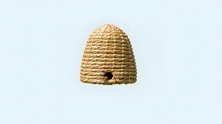 A traditional woven straw beehive, or skep, isolated against a white background. Worker bees are seen entering the small opening, highlighting concepts of beekeeping, agriculture, and natural honey production.の素材